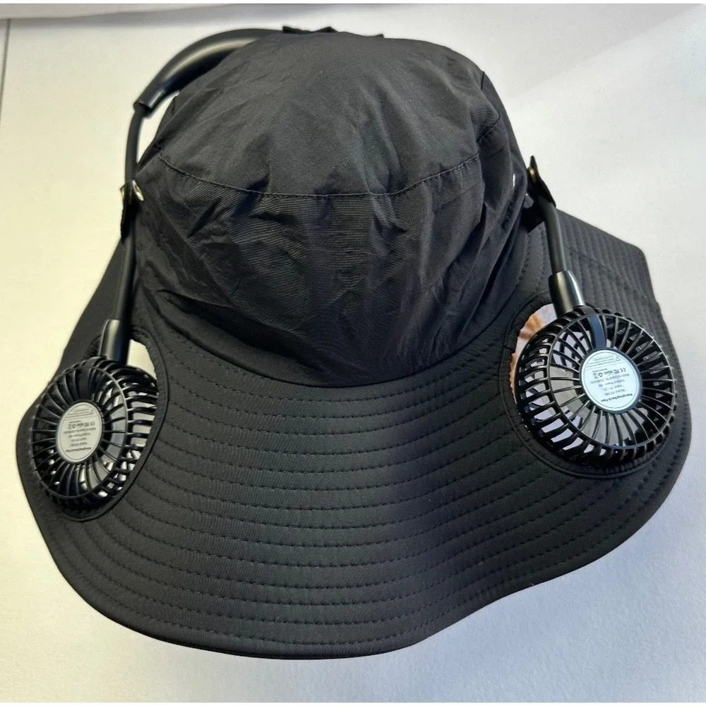 Wide Brim Sun Hat Dual Fans UV Protection Black Hiking Fishing Camping NEW Gear